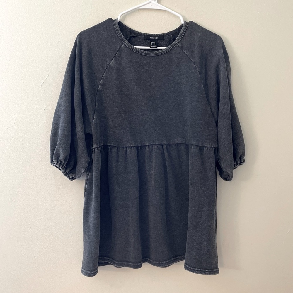 Forever 21 gray balloon sleeve 3/4 sleeve ruched prairie top shirt boho flowy